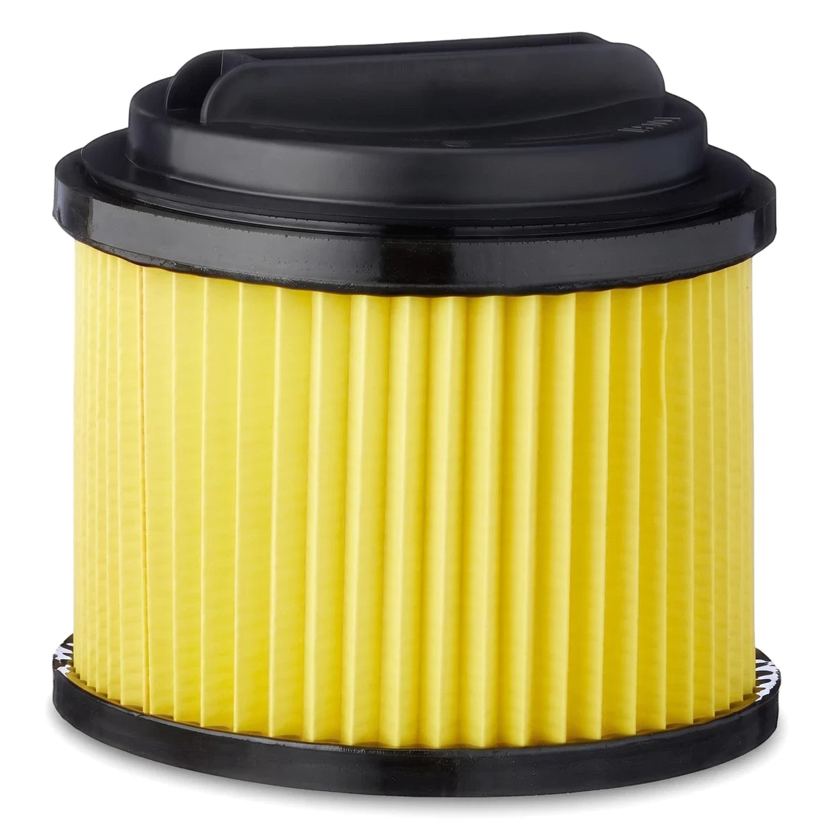 Yellow pleated filter accessory for wet/dry vacuum cleaners with black top and bottom caps, shown vertically.