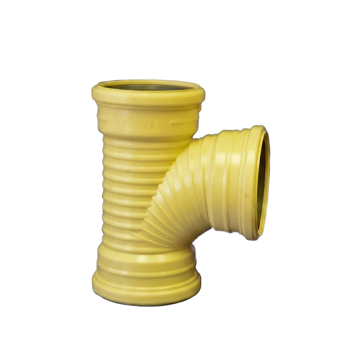 Yellow ribbed 110mm underground universal double socket T-junction pipe fitting for drainage systems, shown isolated on a