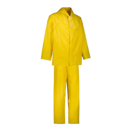 A bright yellow rubberized rain suit, including a hooded jacket and matching pants, displayed upright.