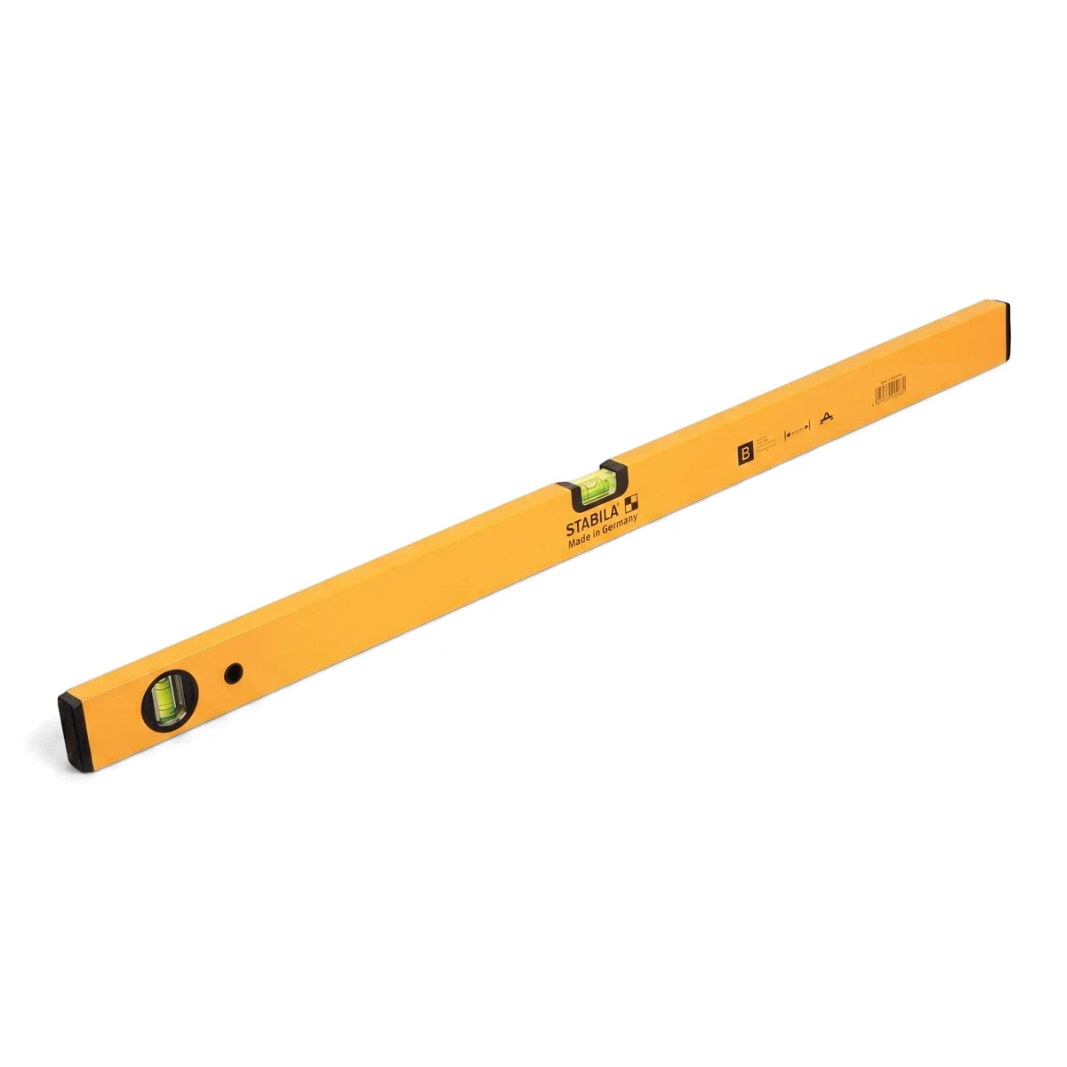 Yellow Stabila Aluminium Spirit Level, an essential measuring tool, displayed at an angle on a white background.