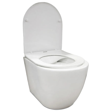 White ceramic York Wall-Hung Toilet Pan & Seat with the lid open, showcasing its modern design.