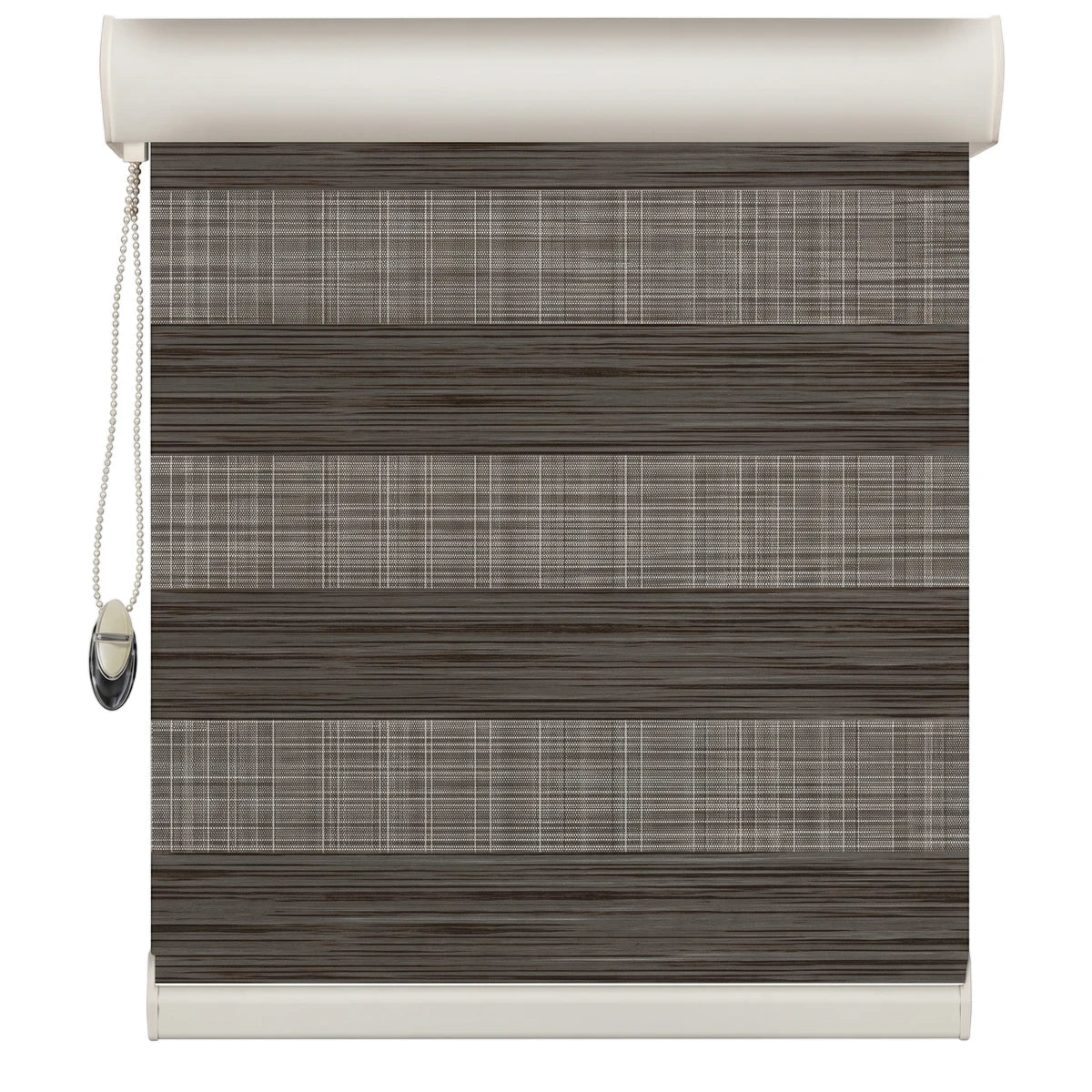 Dark brown and light gray striped zebra roller blind with a pull chain, shown fully extended.
