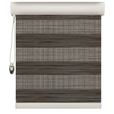 Dark brown and light gray striped zebra roller blind with a pull chain, shown fully extended.