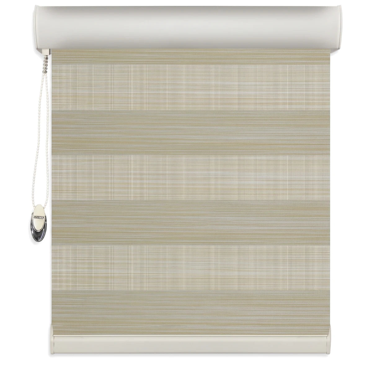 Light beige and white striped zebra blinds with a control chain, showcasing a front view of the window covering.