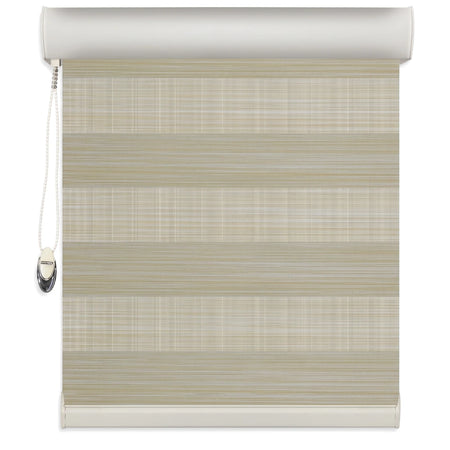 Light beige and white striped zebra blinds with a control chain, showcasing a front view of the window covering.