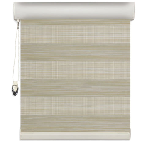 Light beige and white striped zebra blinds with a control chain, showcasing a front view of the window covering.