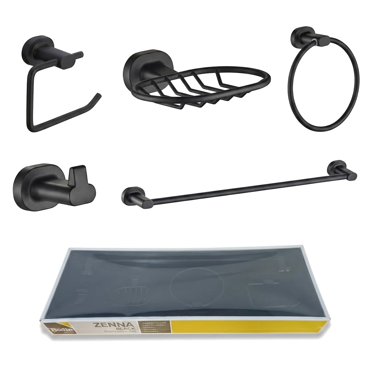 Zenna Black 5-Piece Bathroom Set including a toilet paper holder, soap dish, towel ring, robe hook, and towel bar.