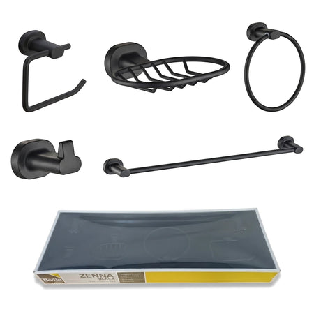 Zenna Black 5-Piece Bathroom Set including a toilet paper holder, soap dish, towel ring, robe hook, and towel bar.