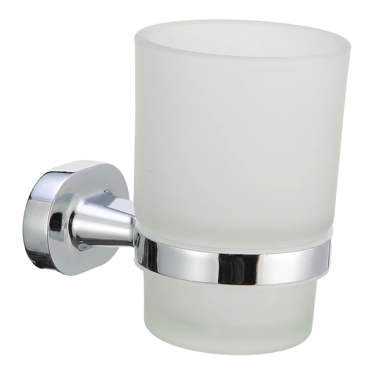 Zenna wall-mounted tumbler holder featuring a polished chrome bracket and a frosted glass cup, designed for bathroom use.