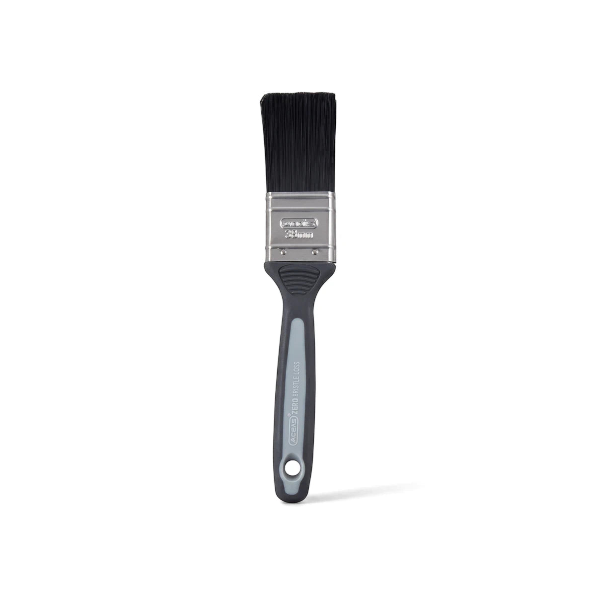 Zero Loss 38mm paint brush with dark gray handle and black bristles on a white background.