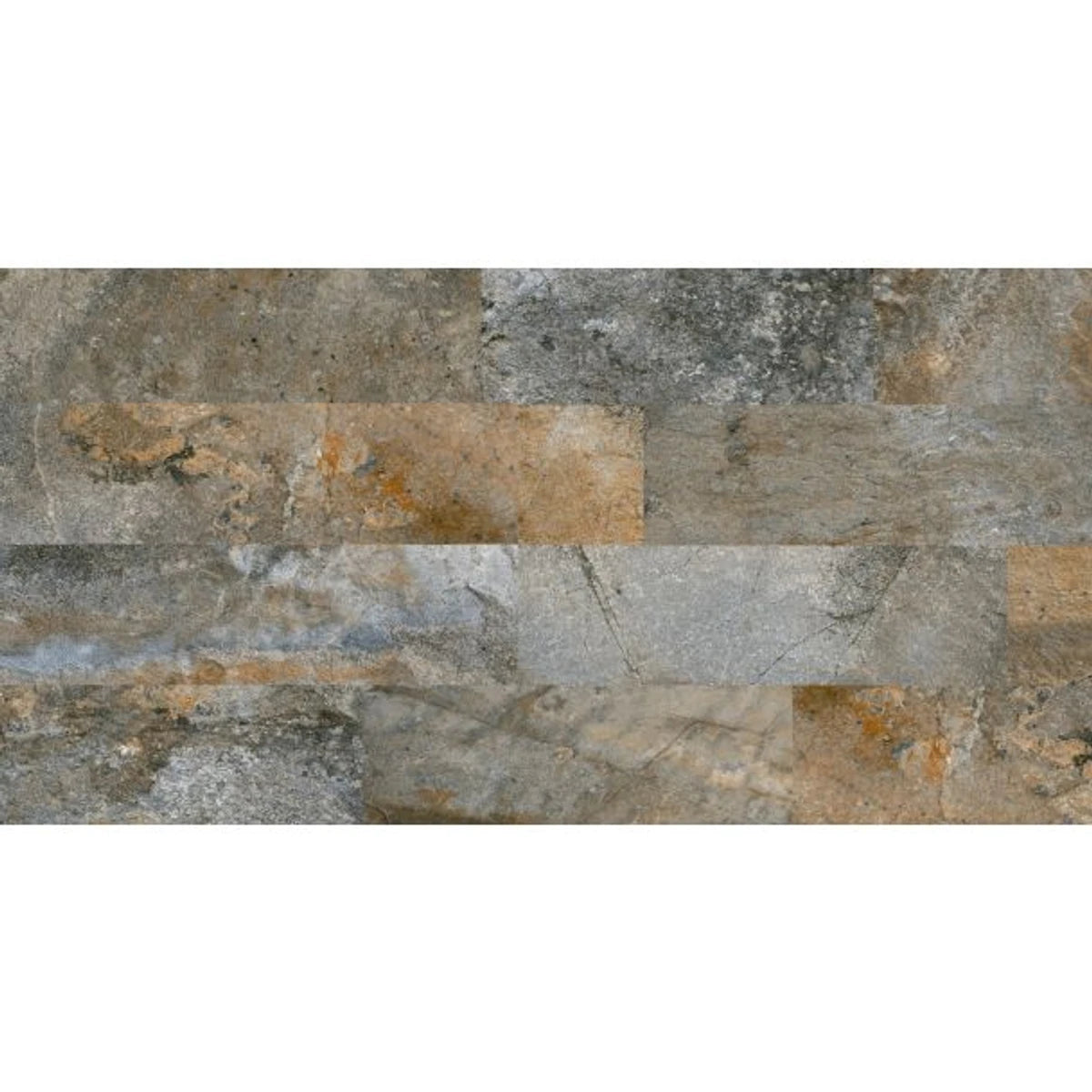 Zimbali Champagne tiles featuring a rustic, multi-toned natural stone texture in shades of gray, brown, and rust.