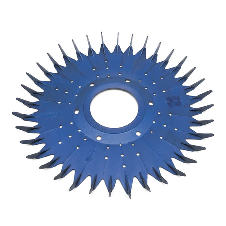 Zodiac 36-Fin Replacement Disc for New Pacer, a blue circular pool cleaner part with fin-like edges and a central hole.