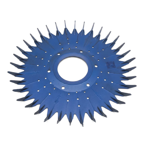 Zodiac 36-Fin Replacement Disc for New Pacer, a blue circular pool cleaner part with fin-like edges and a central hole.