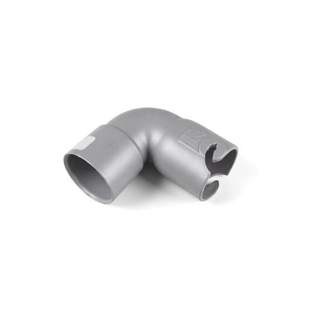 Grey Zodiac 90-degree weir elbow, a durable plumbing component for pool and spa filtration systems, shown from a slightly