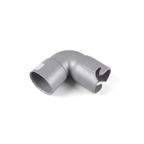 Grey Zodiac 90-degree weir elbow, a durable plumbing component for pool and spa filtration systems, shown from a slightly