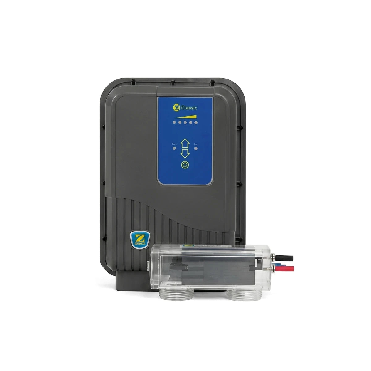 Zodiac Ei Classic Midi Salt Water Chlorinator, dark grey with blue control panel and clear housing, front view.