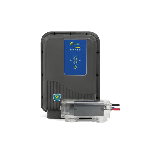 Zodiac Ei Classic Midi Salt Water Chlorinator, dark grey with blue control panel and clear housing, front view.