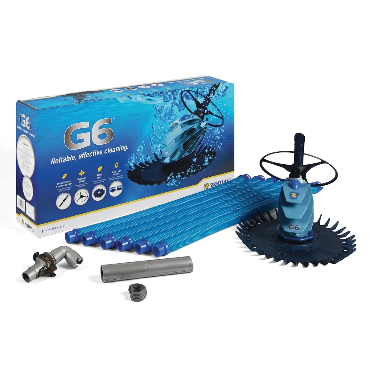 Zodiac G6 Combi Pool Cleaner kit with blue cleaner unit, coiled blue hoses, and the product box on a white surface.