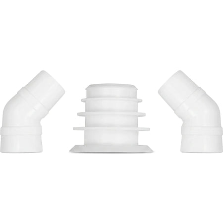 Three white Zodiac In-Ground Weir Cuff Adaptors, including one cylindrical and two angled pieces, arranged against a white