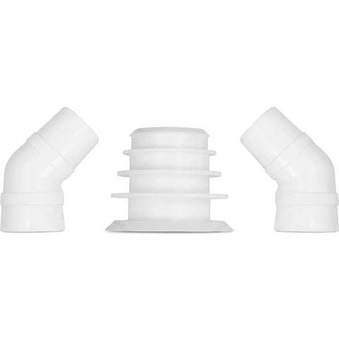 Three white Zodiac In-Ground Weir Cuff Adaptors, including one cylindrical and two angled pieces, arranged against a white