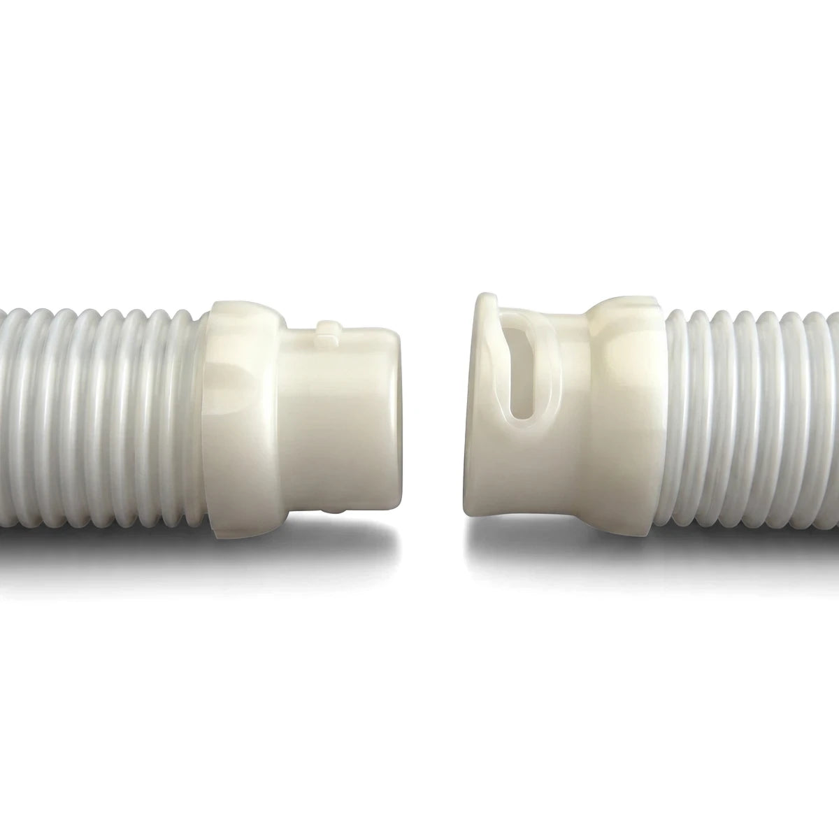 Pearl white Zodiac Long Life Twist Lock Pool Hose connectors, shown disconnected, for pool maintenance.