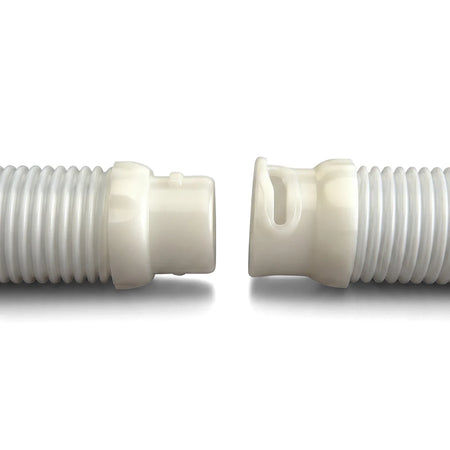 Pearl white Zodiac Long Life Twist Lock Pool Hose connectors, shown disconnected, for pool maintenance.