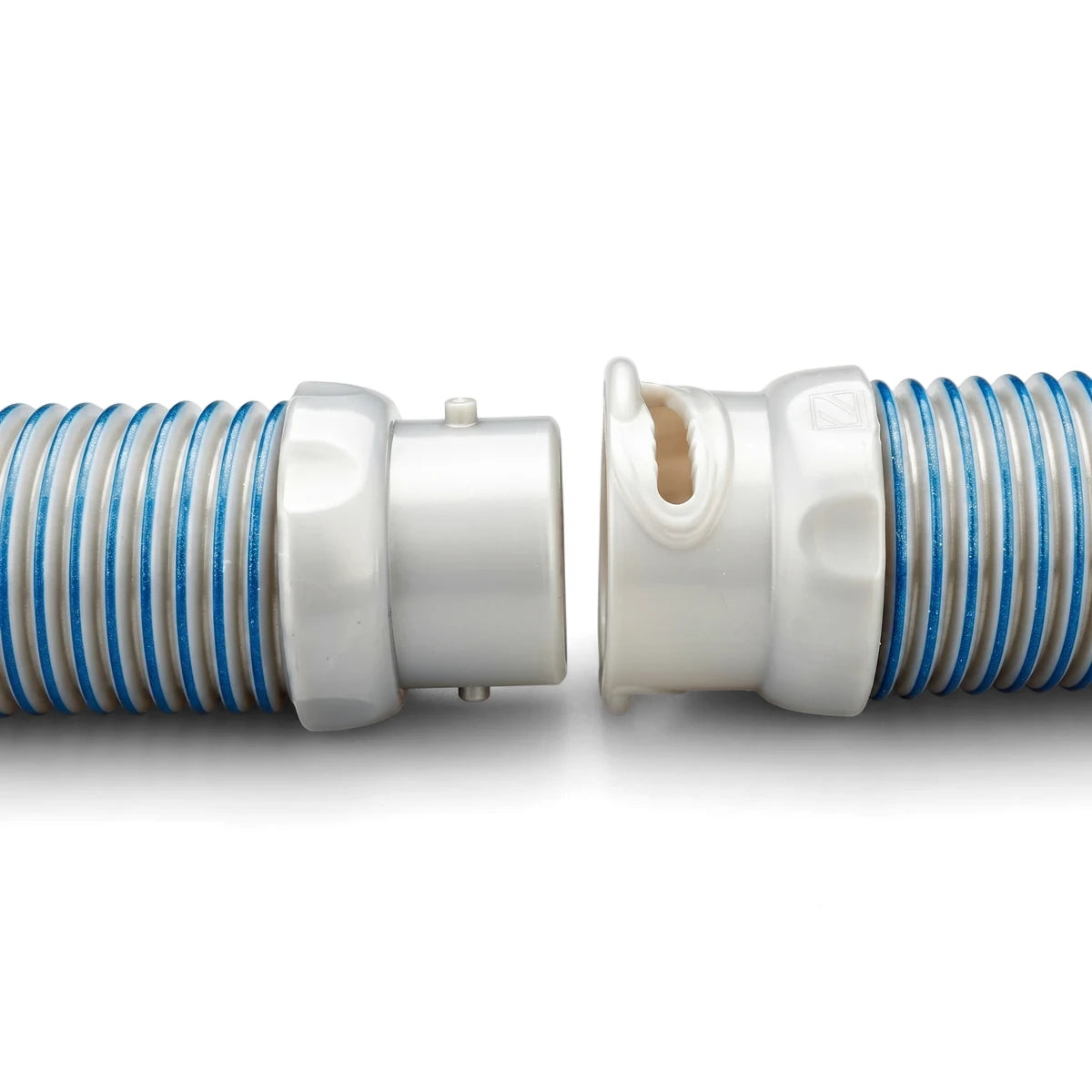 Close-up of a Zodiac Long Life Twist Lock Pool Hose, featuring white connectors and a blue-striped corrugated hose.