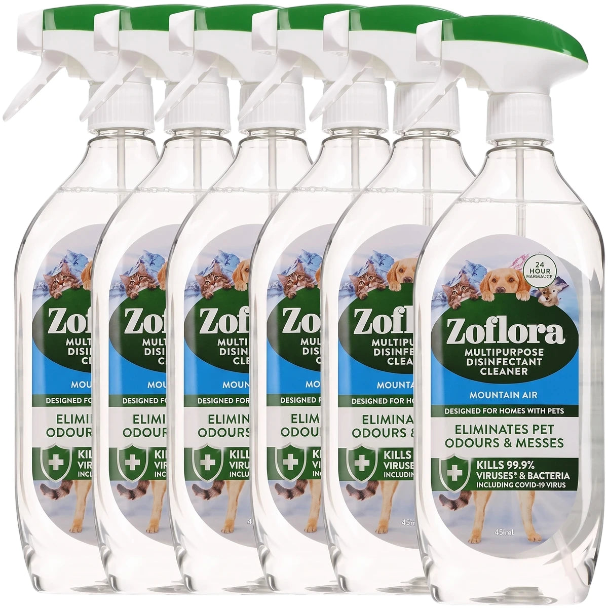 Six Zoflora Mountain Air Multipurpose Disinfectant Cleaner spray bottles, designed for homes with pets, eliminating odours