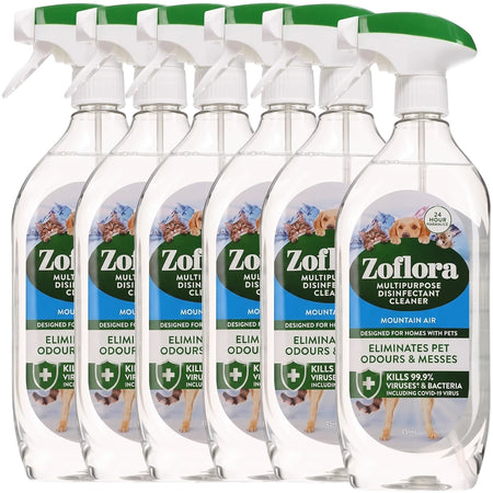 Six Zoflora Mountain Air Multipurpose Disinfectant Cleaner spray bottles, designed for homes with pets, eliminating odours