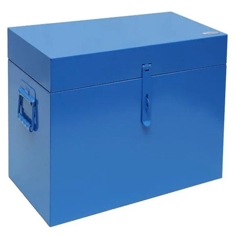 blue steel trunk with a front strap latch and a side handle for storage
