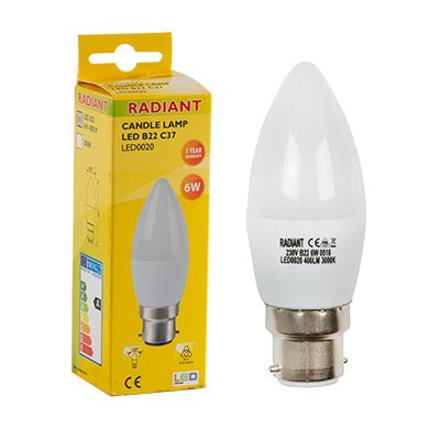 RADIANT CANDLE FROSTED B22 LED 6W 3000K - Al's Hardware